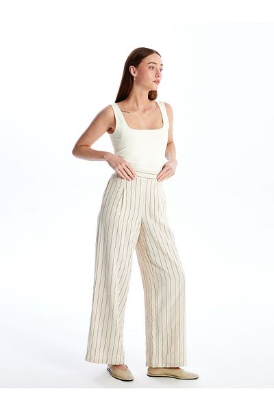 LC Waikiki Striped Wide Leg Women's Trousers with Elastic Waist