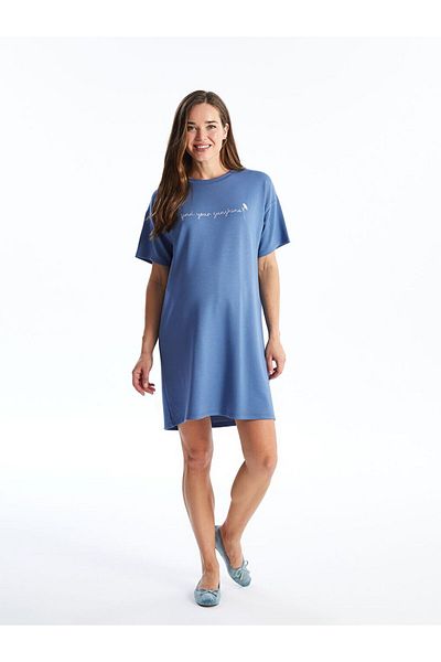 LC Waikiki Blue Crew Neck Printed Short Sleeve Maternity Dress