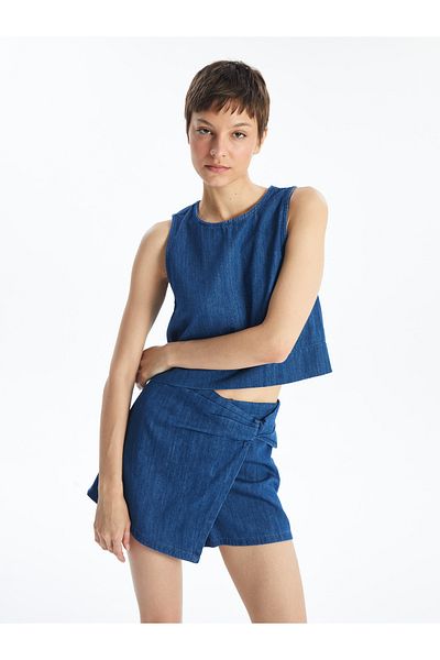 LC Waikiki Women's Crew Neck Plain Jean Crop