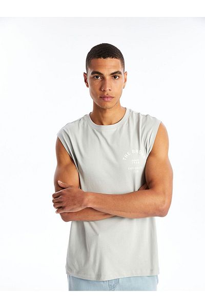 LC Waikiki Gray Crew Neck Printed Combed Cotton Men's Sleeveless T-Shirt