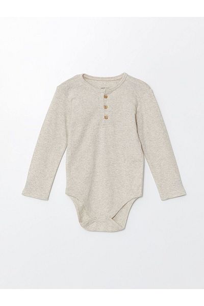 LC Waikiki Ecru Crew Neck Long Sleeve Basic Baby Boy Snap Bodysuit