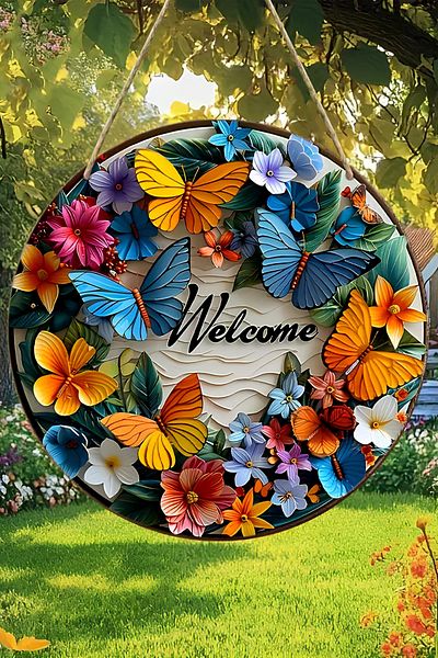 kutuTR 🦋   Colorful Welcome: 3D Looking Butterfly Patterned Mdf Door Ornament (20 cm) Ks007