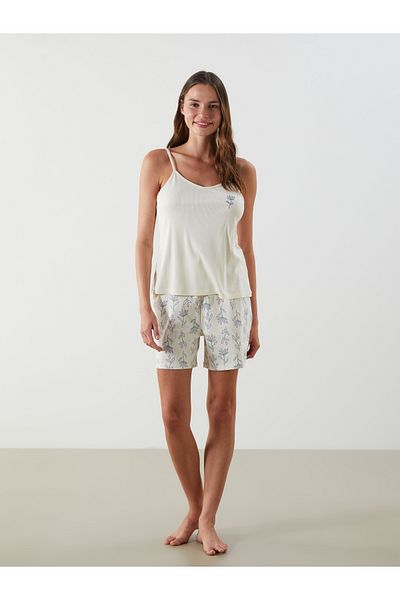 LC Waikiki Damen-Pyjama-Set mit V-Ausschnitt und Blumen-Trägern und Shorts