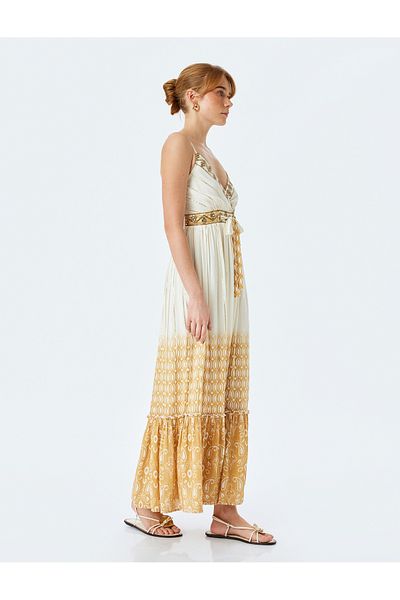 Koton Metallic Thread Detailed Lined Thin Strap Floral Long Dress