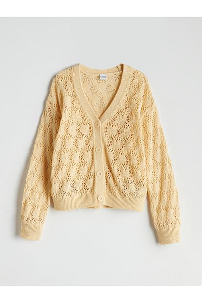 LC Waikiki V-Neck Openwork Girl's Knitwear Cardigan