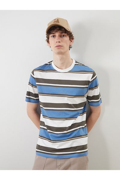 LC Waikiki Gestreiftes Herren-T-Shirt aus gekämmter Baumwolle mit Rundhalsausschnitt