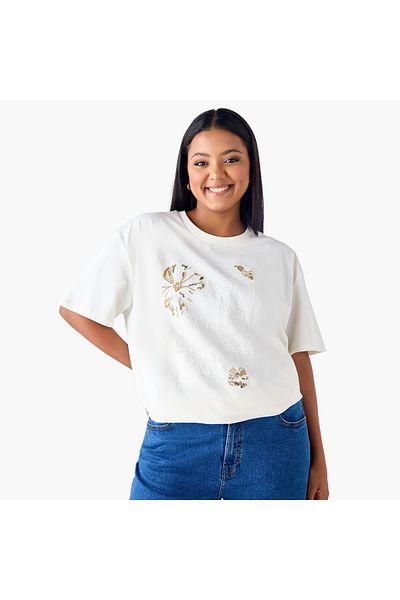 Ulla Popken Gold Sequence Flower Embriodered Tee