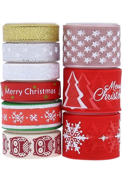 DYWW Set of 9 rolls of DYWW Christmas ribbon, red/white/gold, polyester, 10 mm / 15 mm / 25 mm