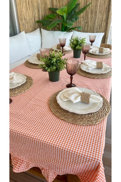 Decamor home Thin Linen Orange Gingham Ruffled Tablecloth (Napkin Not Included)