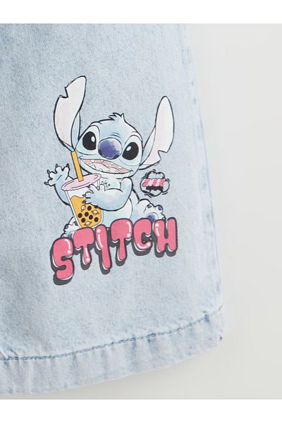 LC Waikiki Pantaloni de jeans pentru fete cu talie elastică cu imprimeu Stitch