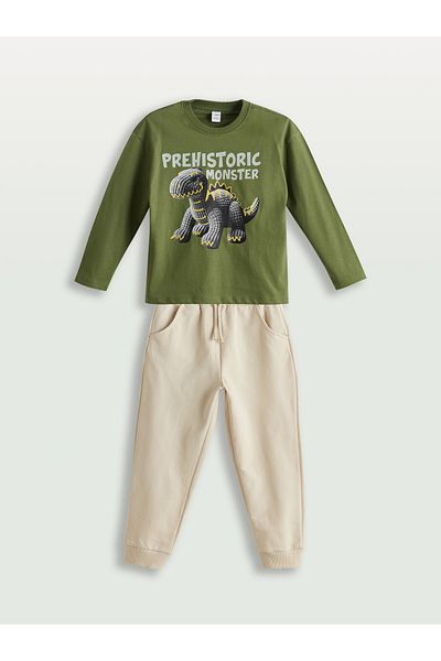 LC Waikiki Lcw Kids Green Dinosaur Printed Boys' T-Shirt and Shorts 2-Pack