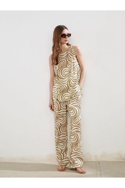LC Waikiki Patterned Wide Leg Women's Trousers with Elastic Waist