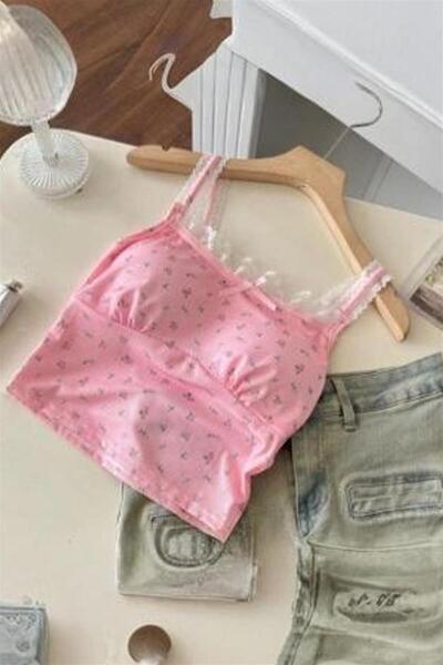 Karakedi Ροζ λουλουδάτο μοτίβο με λεπτομέρεια από δαντέλα Y2K με λουράκι