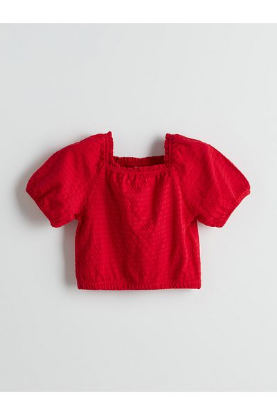 LC Waikiki Square Collar Textured Girl's Crop Blouse