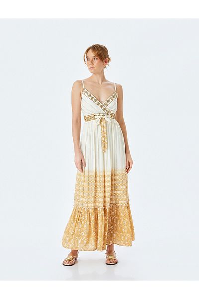 Koton Metallic Thread Detailed Lined Thin Strap Floral Long Dress