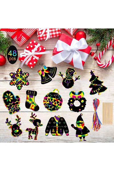 OEM Set of 48 Christmas paper with ribbons and 24 scratch-off pencils, paper/wood/ribbon, multicolor