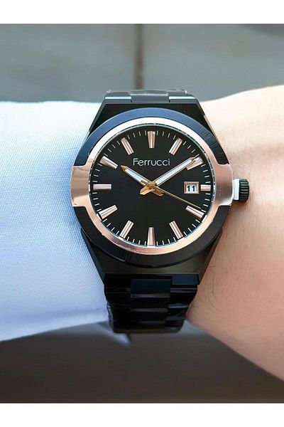 Ferrucci Men's Black Metal Cord Calendar Wrist Watch