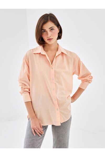 LC Waikiki Ροζ ίσιο μακρυμάνικο γυναικείο πουκάμισο oversize