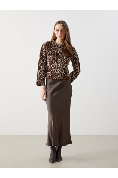 LC Waikiki Crew Neck Leopard Patterned Women's Knitwear Cardigan