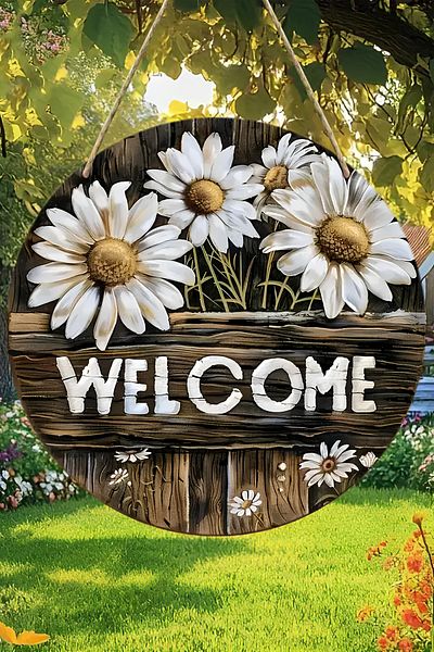 kutuTR 🌼   Mdf "Welcome" Door Panel with Daisy Pattern – 20 cm 🌿   Wooden Look Decor
