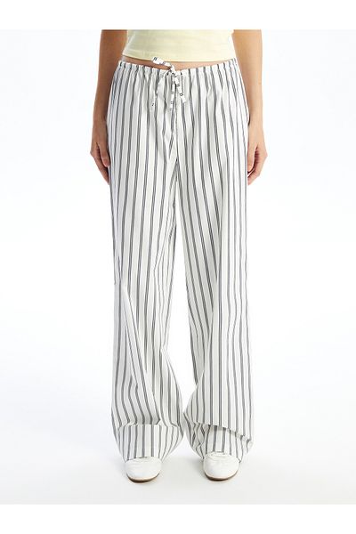 LC Waikiki Gestreifte Damenhose mit weitem Bein und elastischer Taille