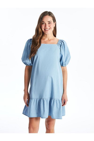 LC Waikiki Lcwaikiki Maternity Square Neck Balloon Sleeve Maternity Jean Dress