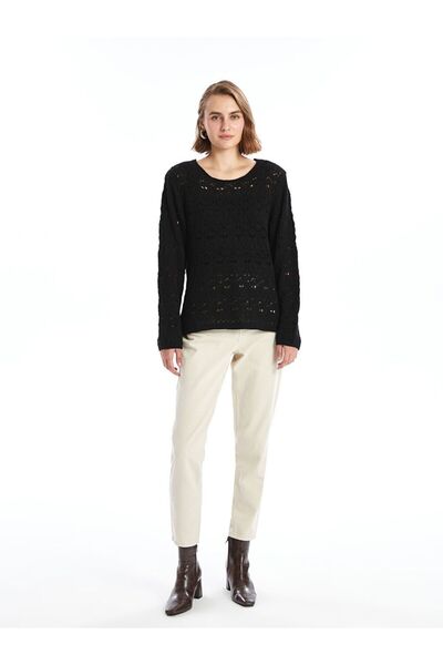 LC Waikiki Tricotaj pentru femei cu mânecă lungă guler rotund tricotaj cu aspect dantelat negru