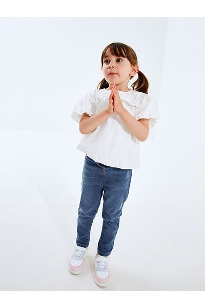 LC Waikiki Ecru Crew Neck Balloon Sleeve Girl's Blouse