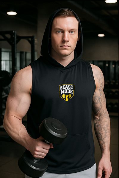 BESSA Men's Beast Mode Printed Black Oversize Crew Neck Cotton Hooded Sleeveless Athlete Tank Top/Tshirt