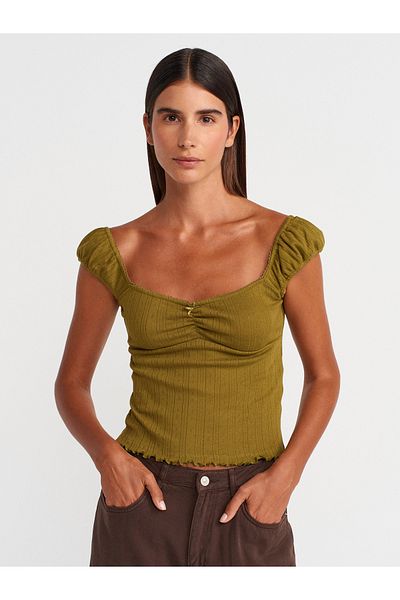 Dilvin 31831 Bow Detailed Short Sleeve Top-Dark Green