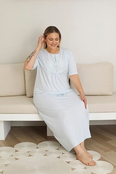 ERDENİZ TEKSTİL Maternity Nightgown Plus Size Nightgown Buttoned Lace Collar Solid Color