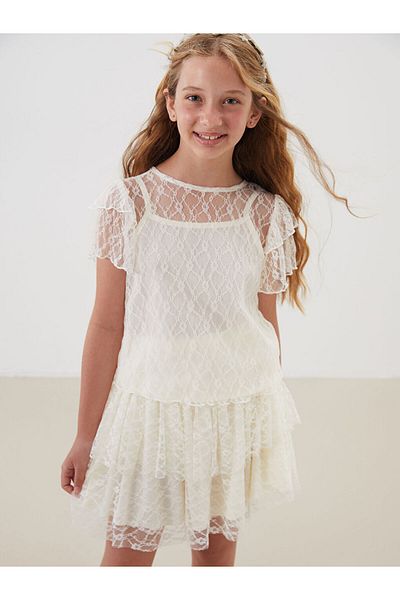 LC Waikiki Sari Crew Neck Lace Detailed Girl's Blouse