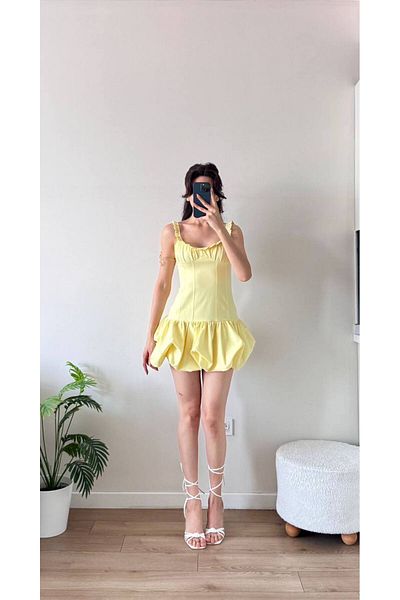 LOCH BUTİK Women's Yellow Skirt Balloon Straps Ruffle Mini Dress