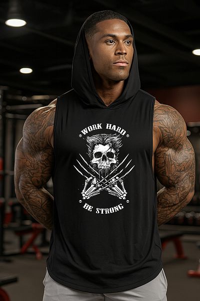 BESSA Men's Work Hard Printed Black Oversize Cotton Fabric Hooded Sleeveless Sports Tank Top/Tshirt