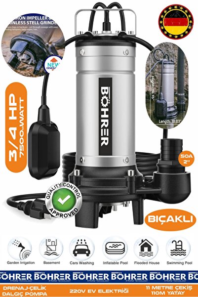 BÖHRER BIÇAKLI 3/4 Kw 1.0 HP 220V Demir Drenaj Logar Pis Su Parçalayıcılı Çelik Gövde Dalgıç Tahliye Pompas