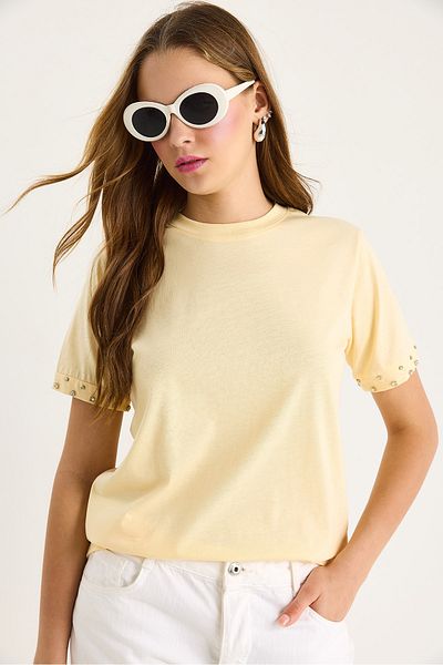 Bianco Lucci Women's Sleeves Stone Embroidered Tshirt 60602002