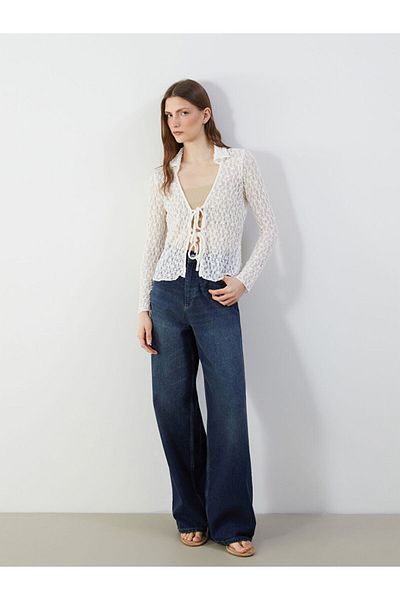LC Waikiki Cardigan de damă cu guler polo ecru din dantelă