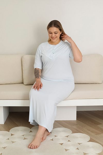 ERDENİZ TEKSTİL Lace Collar Button Plus Size Solid Color Mother Nightgown