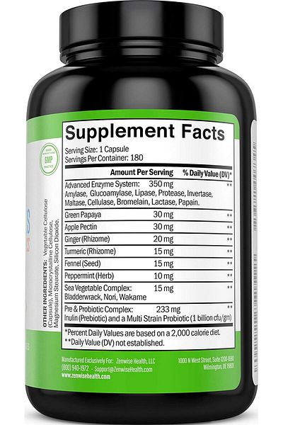 Zenwise Health Digestive Enzymes Plus Prebiotics and Probiotics, Bloating, 180 Capsules