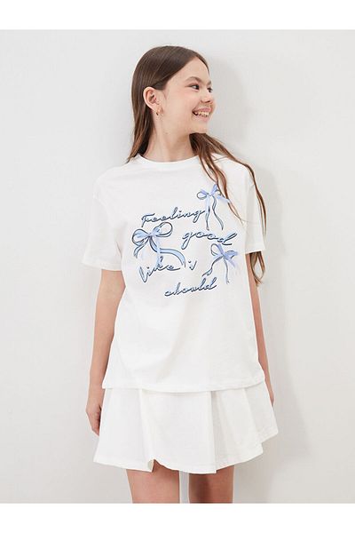 LC Waikiki Ecru Crew Neck Ribbon Detailed Girl's T-Shirt