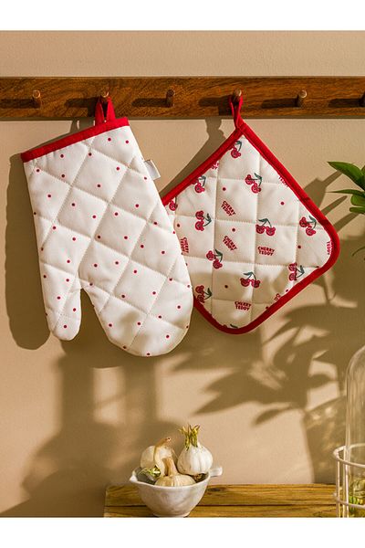 LC Waikiki Mixed Cherry Printed Oven Mitts and Tutaç