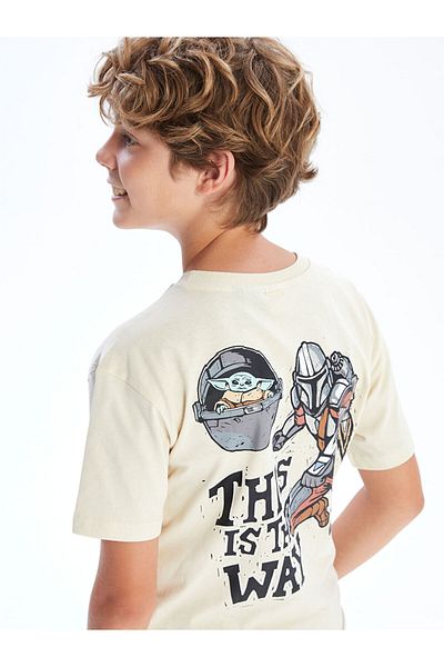 LC Waikiki Beige Crew Neck Mandalorian Printed Boy's T-Shirt