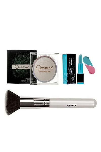 Marble Facial beauty set consisting of highlighter 01, magic lipstick from Christine 01, and makeup brush from Marble