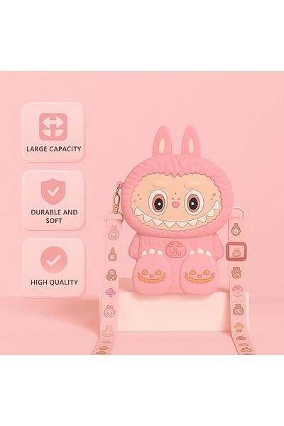 Generic Labubu Silicone Shoulder Sling Bag for Kids Cute Cartoon Crossbody Purse for Girls & Kids Gift Pink