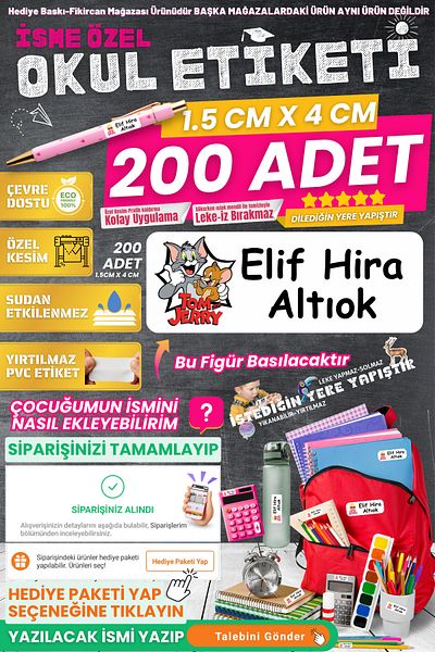 FİKİRCAN Fikircan-Name Custom School Label-Tom Jerry 200 Pieces - Odorless Ecological Ink Pvc Sticker