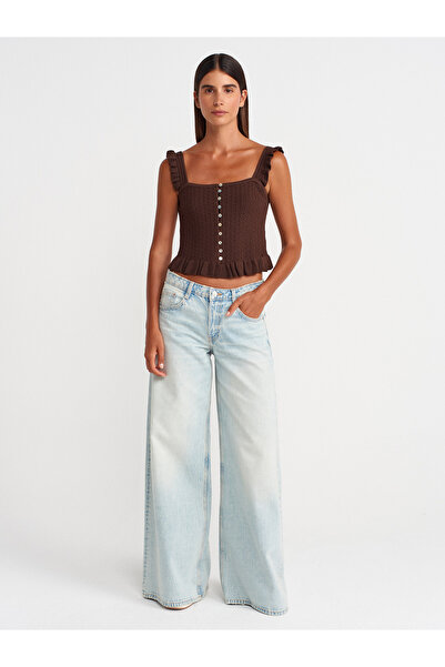 Dilvin 10774 Μπλούζα με κουμπιά με λουράκι-Καφέ