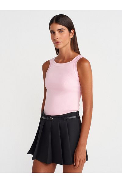 Dilvin 10770 Square Neck Strap Knitwear Blouse-Pink