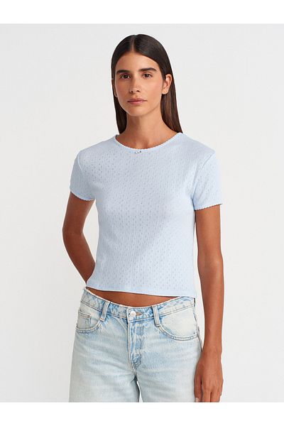 Dilvin 31795 Bow Detailed Short Sleeve Contrast T-Shirt-Light Blue