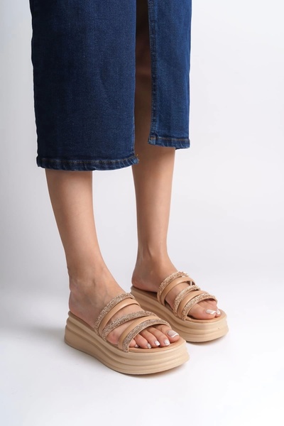 Joy Ayakkabı Elise Flat Heeled Striped Stone Thick and Orthopedic Sole Women's Slippers Ctt - Ten