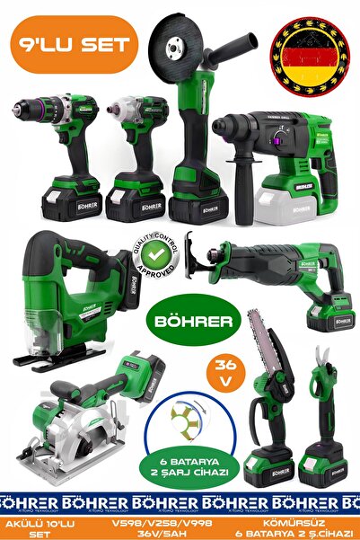 BÖHRER Alman 9 Makine Kombo Set BA01083Y 6 Akülü 2 Şarjlı Kömürsüz V598 5Ah Profesyonel -GREEN YEŞİL